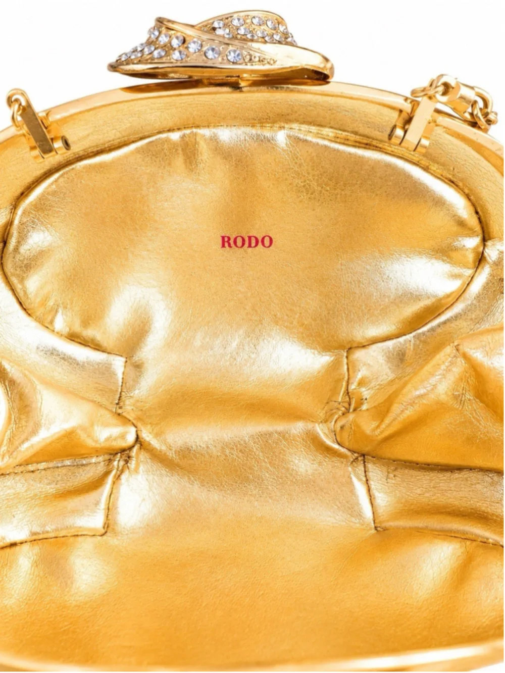 VINTAGE RODO ITALY GOLD MINAUDIERE RHINESTONE CLASP EVENING CLUTCH BAG